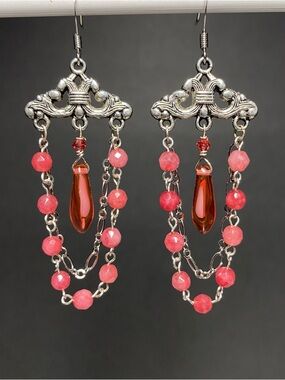 Handmade Pink Jade & Swarovski Chandelier Handmade Earrings